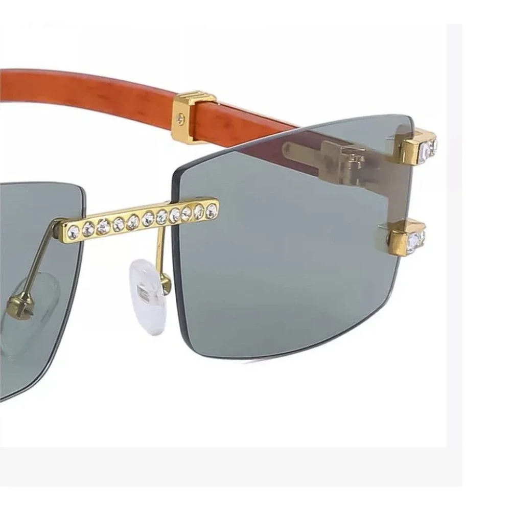 Women Gold Rimless Rectangle Rhinestone Sunglasses Grey Lens Wood Grain Arms Y2K